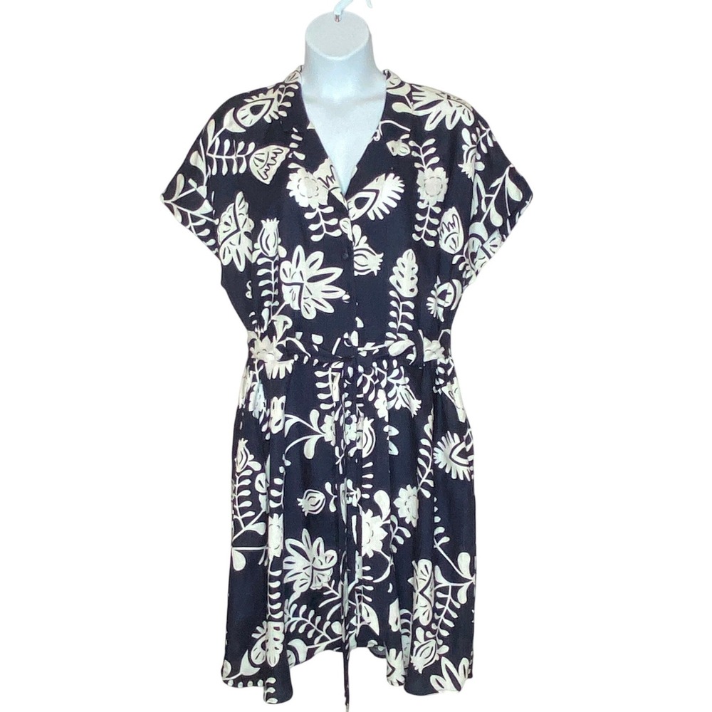 Estelle Linen Blend Midi Shirt Dress 2X 20W Navy Tropical Coastal Resort NWT
